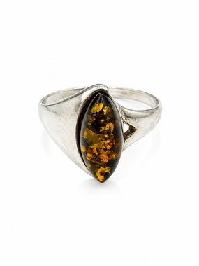 Sterling Silver Golden Leaf Amber Ring — Size 9.5
